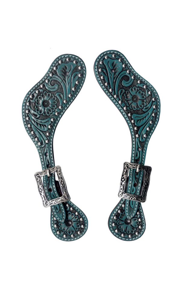 BLACK HOOF | Pink | Turquoise | Floral Tooled Leather Spur Straps with  silver spots for Horse Riders | Western Men, Women, Adjustable Single Ply  Spur 