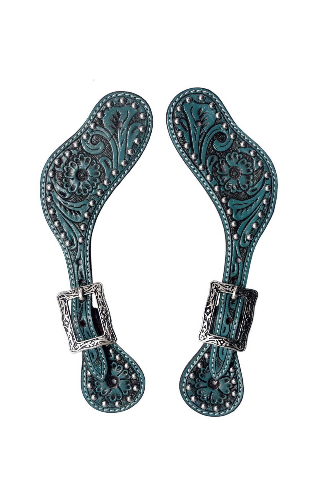 BLACK HOOF | Pink | Turquoise | Floral Tooled Leather Spur Straps with silver spots for Horse Riders | Western Men, Women, Adjustable Single Ply Spur Straps | Equestrian Accessories