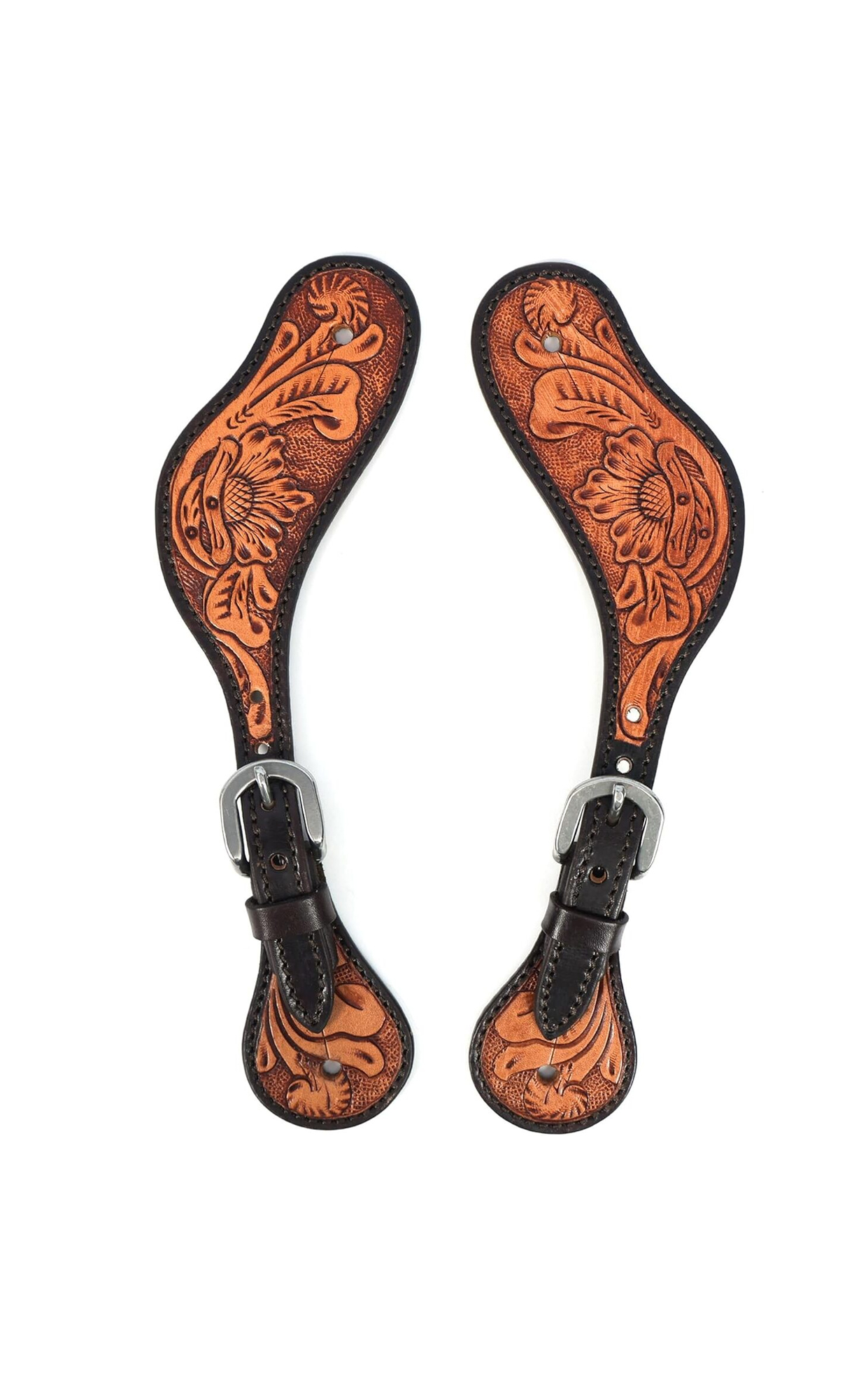 BLACK HOOF Floral Tooled Wing Shaped|Leather Spur Straps |Two Tone for Horse Riders | Western Men, Women, Adjustable Single Ply Spur Straps | Equestrian Accessories