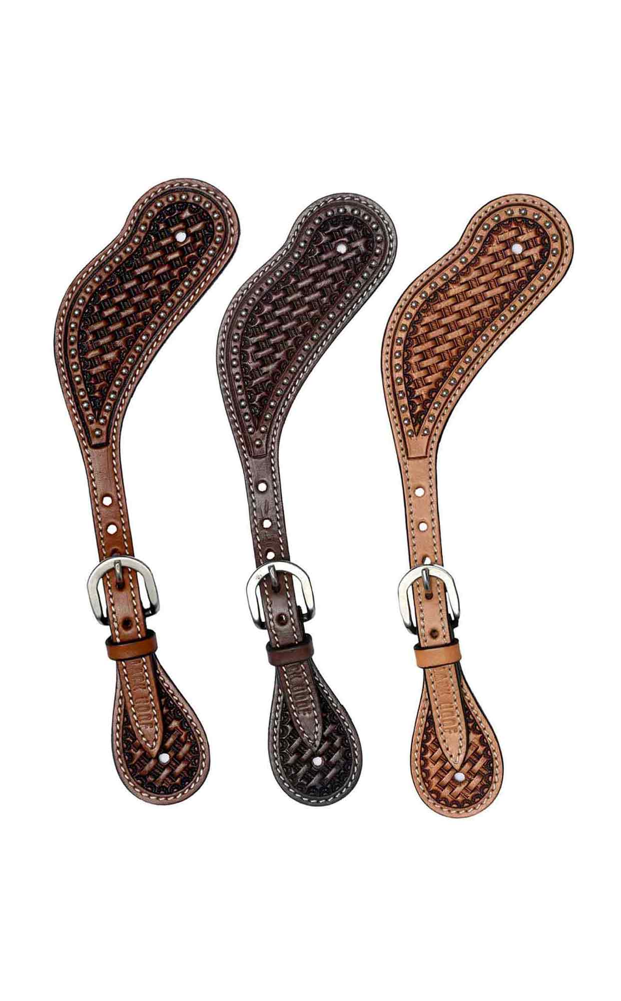 Black Hoof  Basket Tooled Leather Spur Straps with silver spots for Horse Riders | Western Men, Women, Adjustable Single Ply Spur Straps | Equestrian Accessories