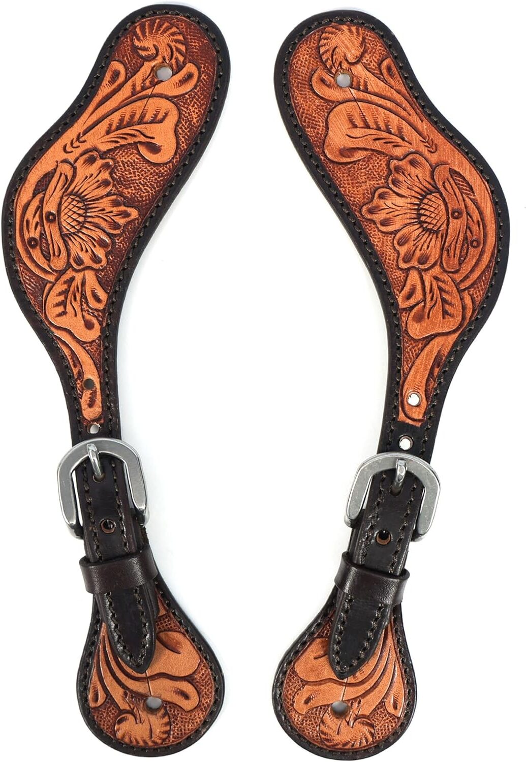 BLACK HOOF Floral Tooled Wing Shaped|Leather Spur Straps |Two Tone for Horse Riders | Western Men, Women, Adjustable Single Ply Spur Straps | Equestrian Accessories