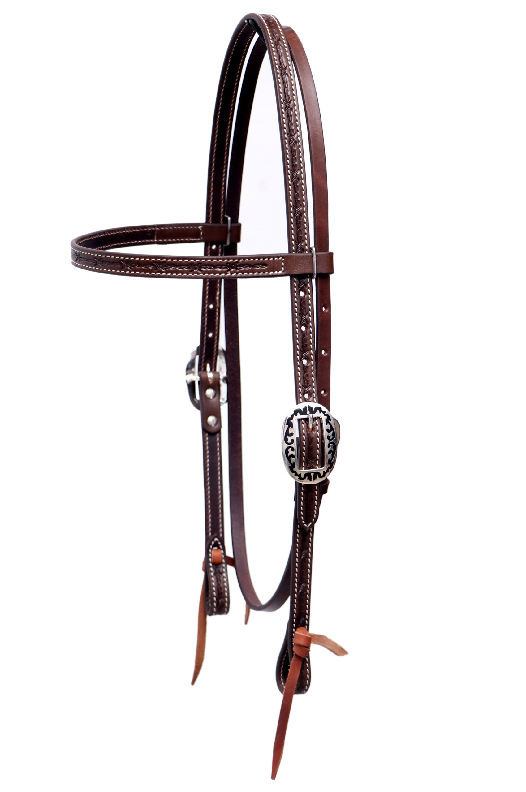 Deep, Intricated barbed wire hand tooled headstall with  engraved designer buckles.