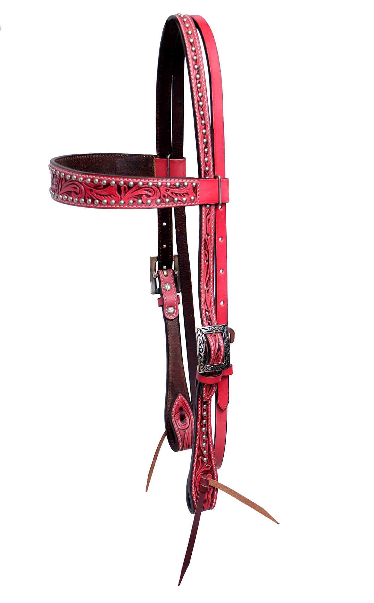 BLACK HOOF | Pink | Turquoise | Floral Tooled American  Leather Browband  Headstall with Silver Spots | Barrel Racing