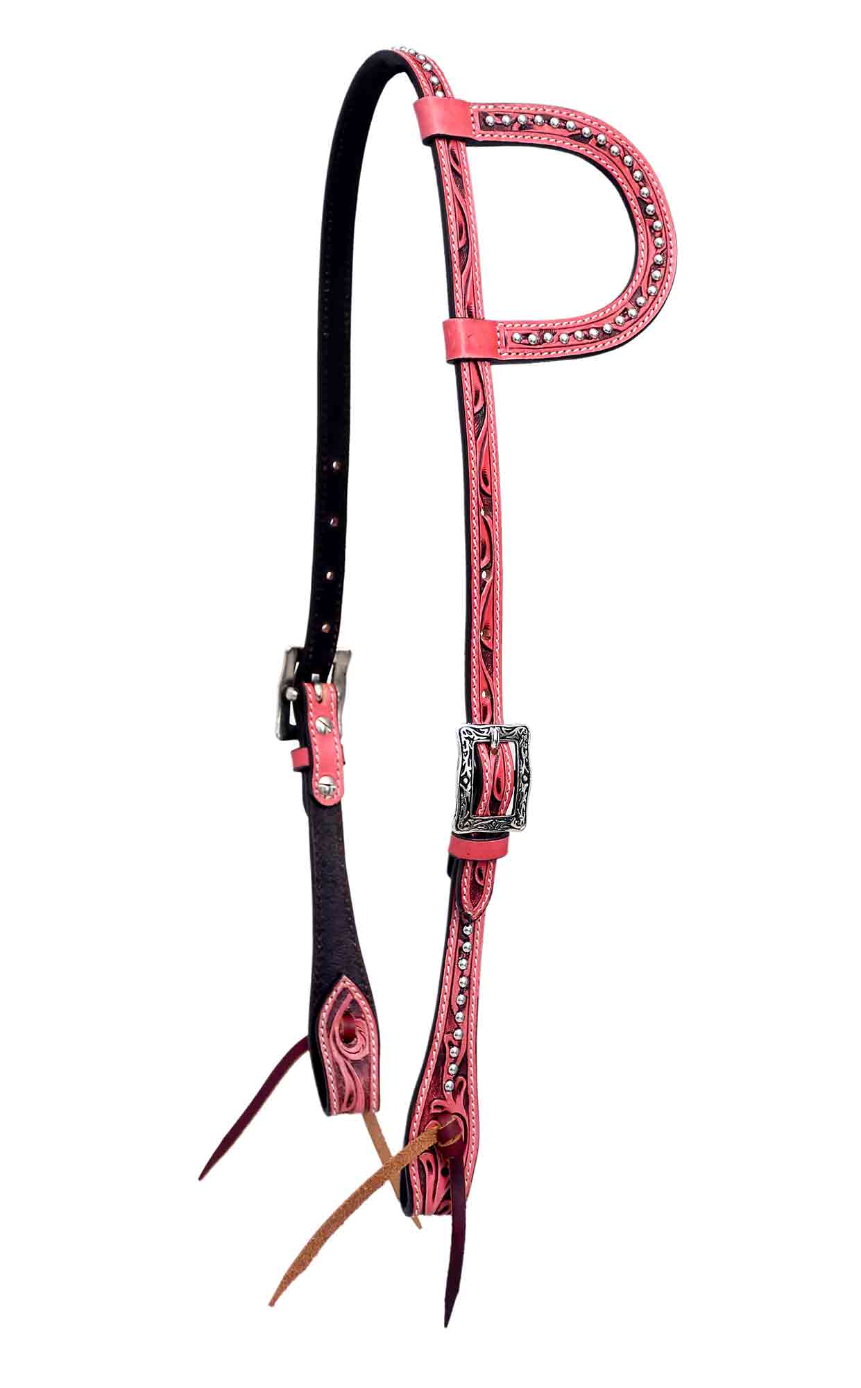 BLACK HOOF | Pink | Turquoise | Floral Tooled American  Leather Slip Ear  Headstall with Silver Spots | Barrel Racing