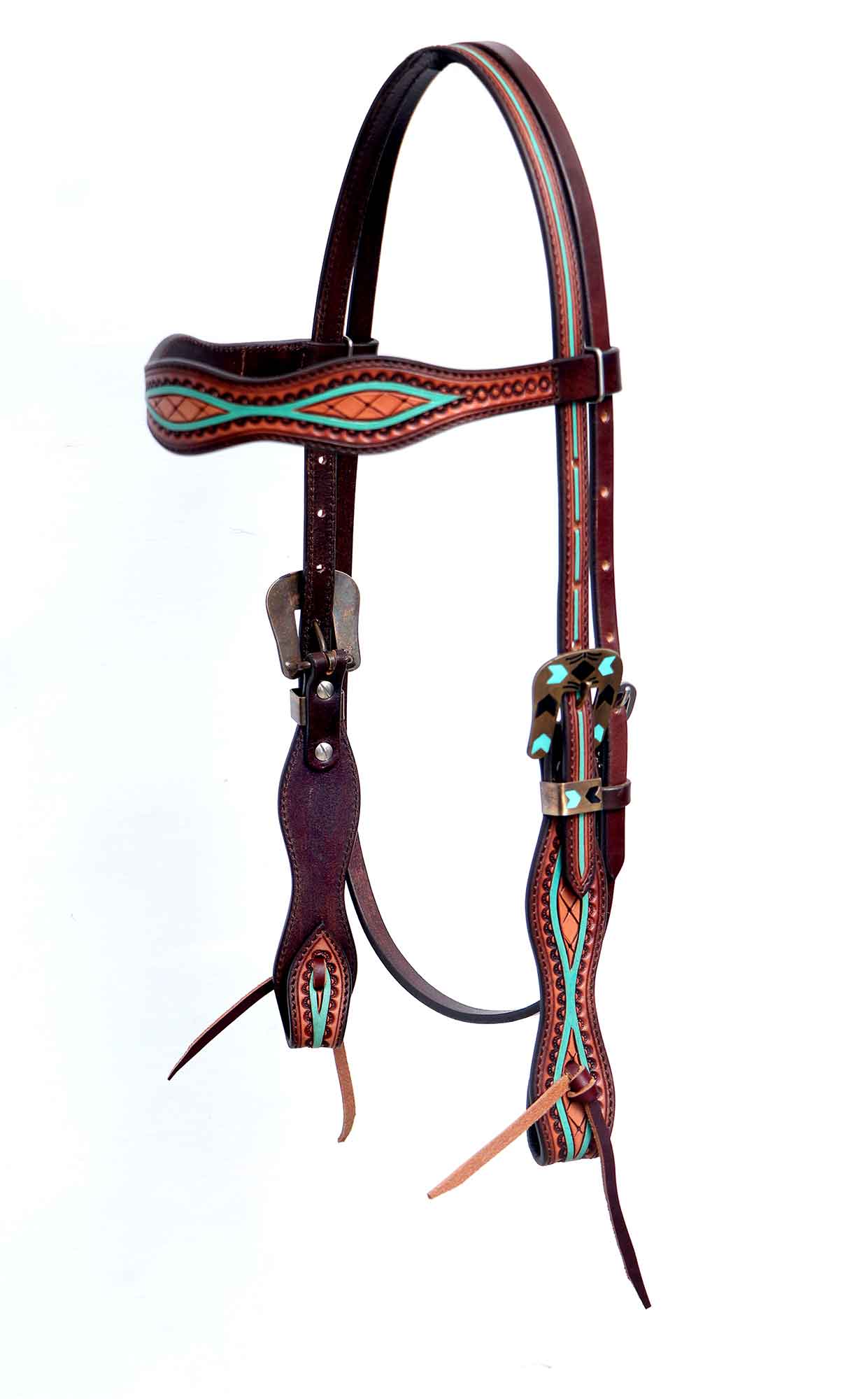 Black Hoof | Turquoise Painted | Tooled American  Leather Browband  Headstall with Turquoise Enameled  Arrow Buckle| Barrel Racing