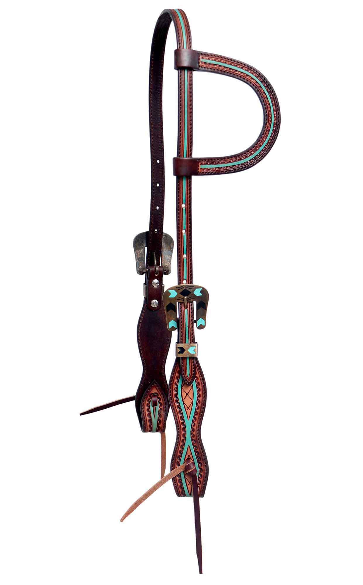 Black Hoof | Turquoise Painted | Tooled American  Leather Slip Ear  Headstall with Turquoise Arrow Buckle| Barrel Racing
