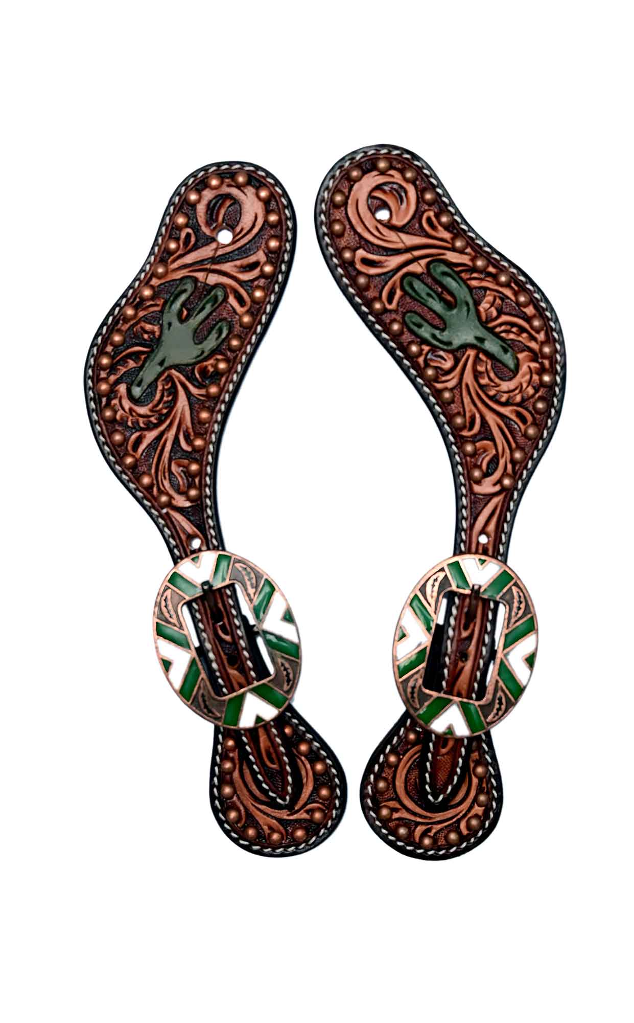 Black Hoof| Cactus | Floral Tooled Leather Spur Straps with Copper spots |Green And White  Enameled Buckle|for Horse Riders | Western Men, Women, Adjustable Single Ply Spur Straps | Equestrian Accessories