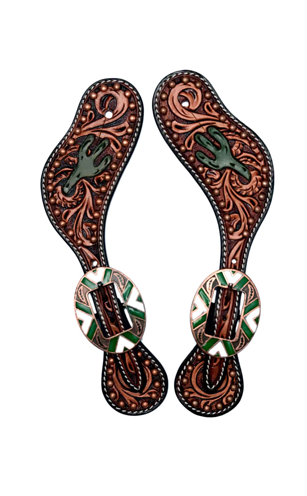 Black Hoof Saddlery Tooled Leather Spur Straps - Cactus Floral Design With Copper Spots For Western Riding