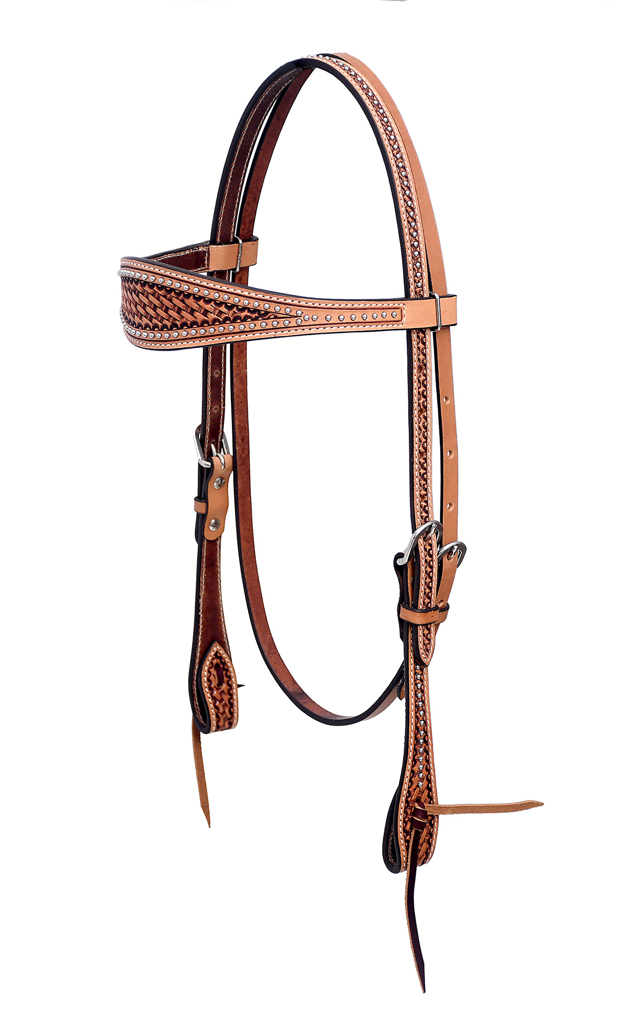 Basket Tooled with Silver Spots |American Leather |Straight Browband Headstall |Natural