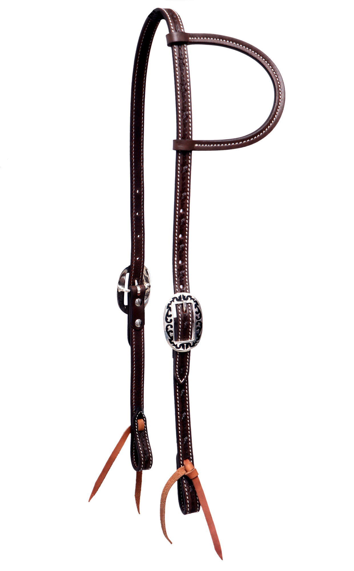 Deep, Intricated barbed wire hand tooled one ear with  engraved designer buckles.