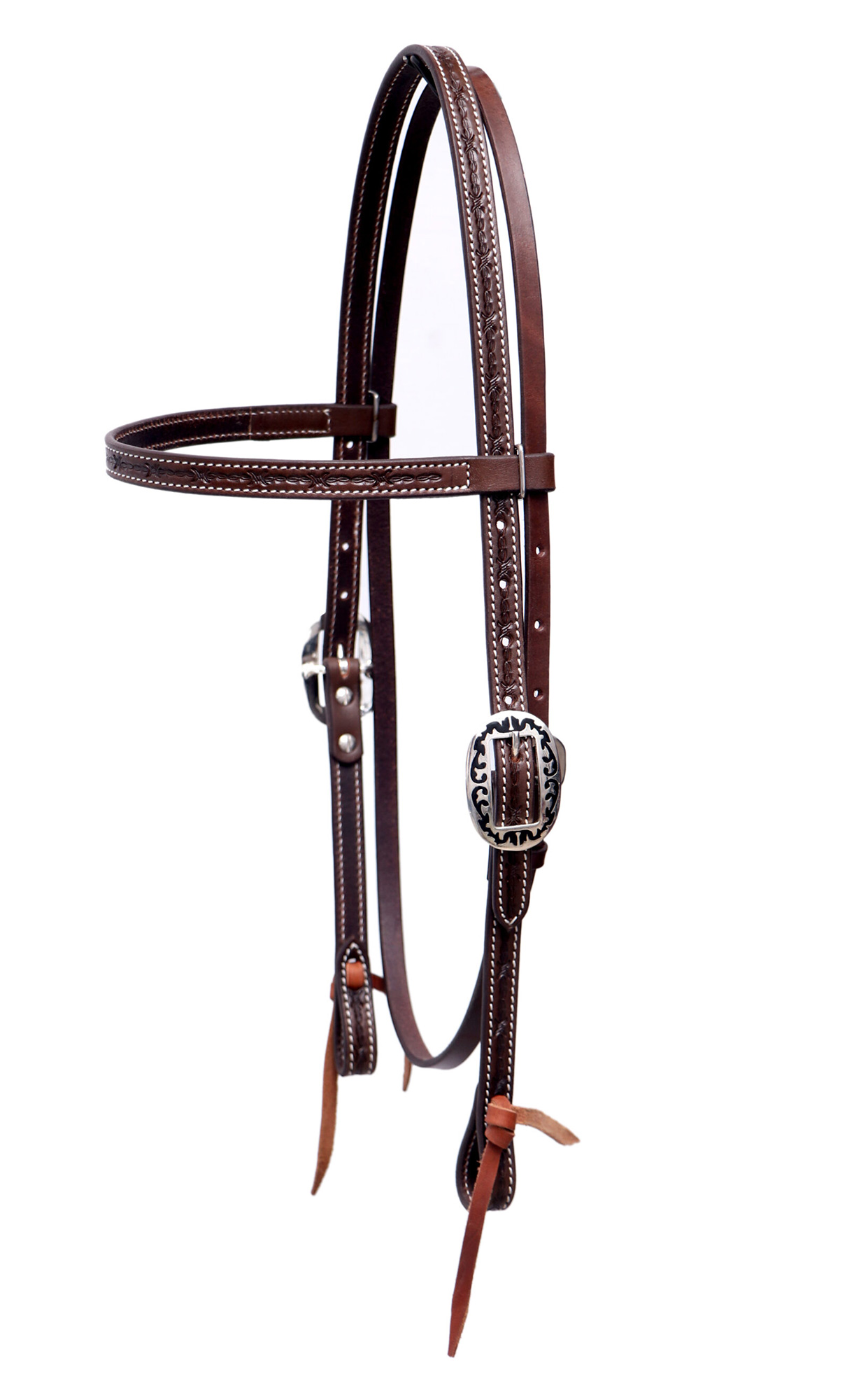Deep, Intricated barbed wire hand tooled headstall with  engraved designer buckles.