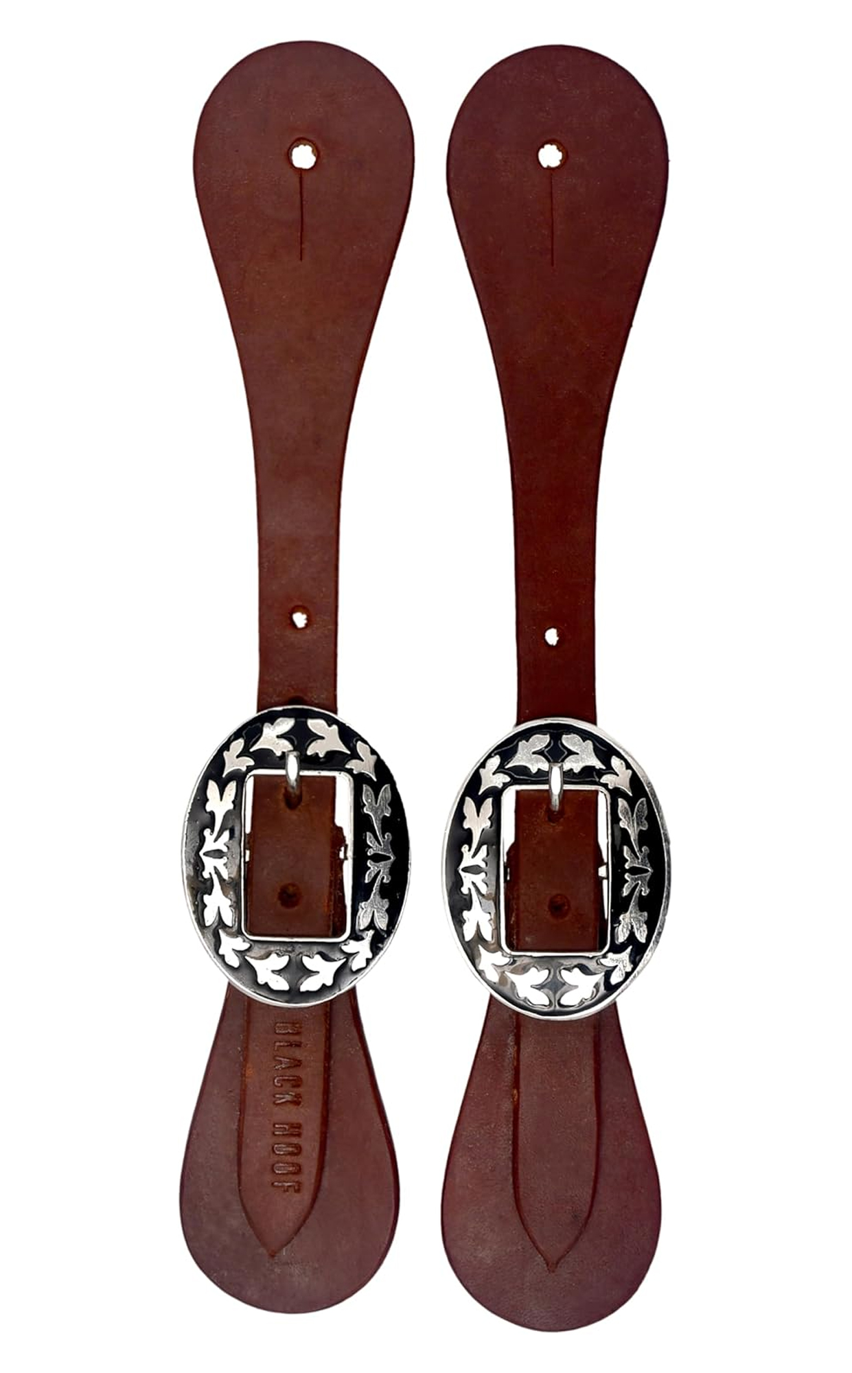 BLACK HOOF Harness Leather Spur Slings Western Men’s Adjustable Boot Straps Single Layer Flat Slings for Boots Western Women Men Horse Riding Engraved Steel Designer Buckle