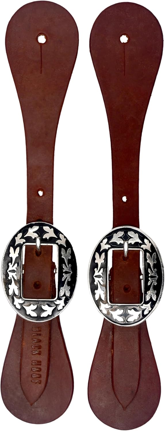 BLACK HOOF Harness Leather Spur Slings Western Men’s Adjustable Boot Straps Single Layer Flat Slings for Boots Western Women Men Horse Riding Engraved Steel Designer Buckle