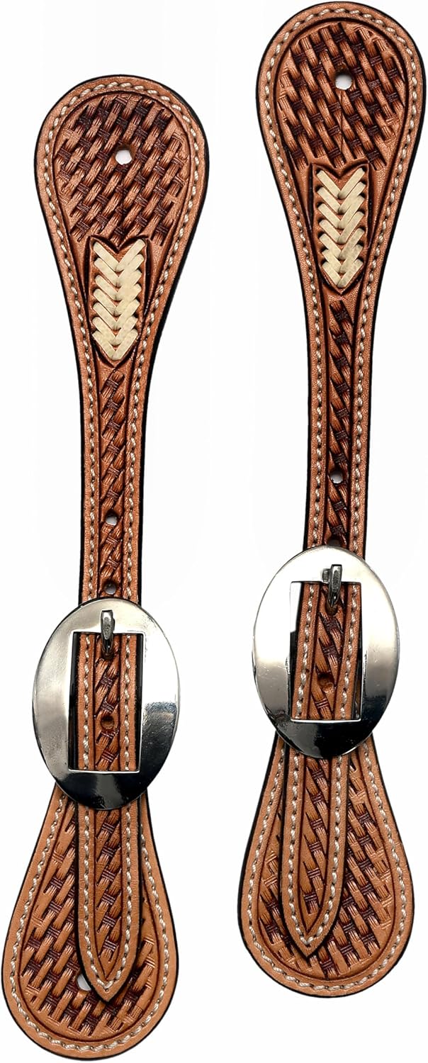 BLACK HOOF Leather Spur Strap Basket Tooled Design with Rawhide Weaving | Adjustable Single Ply Spur Strap| Western Style Equestrian Accessories | Durable and Stylish Men’s and Women’s Spur Straps