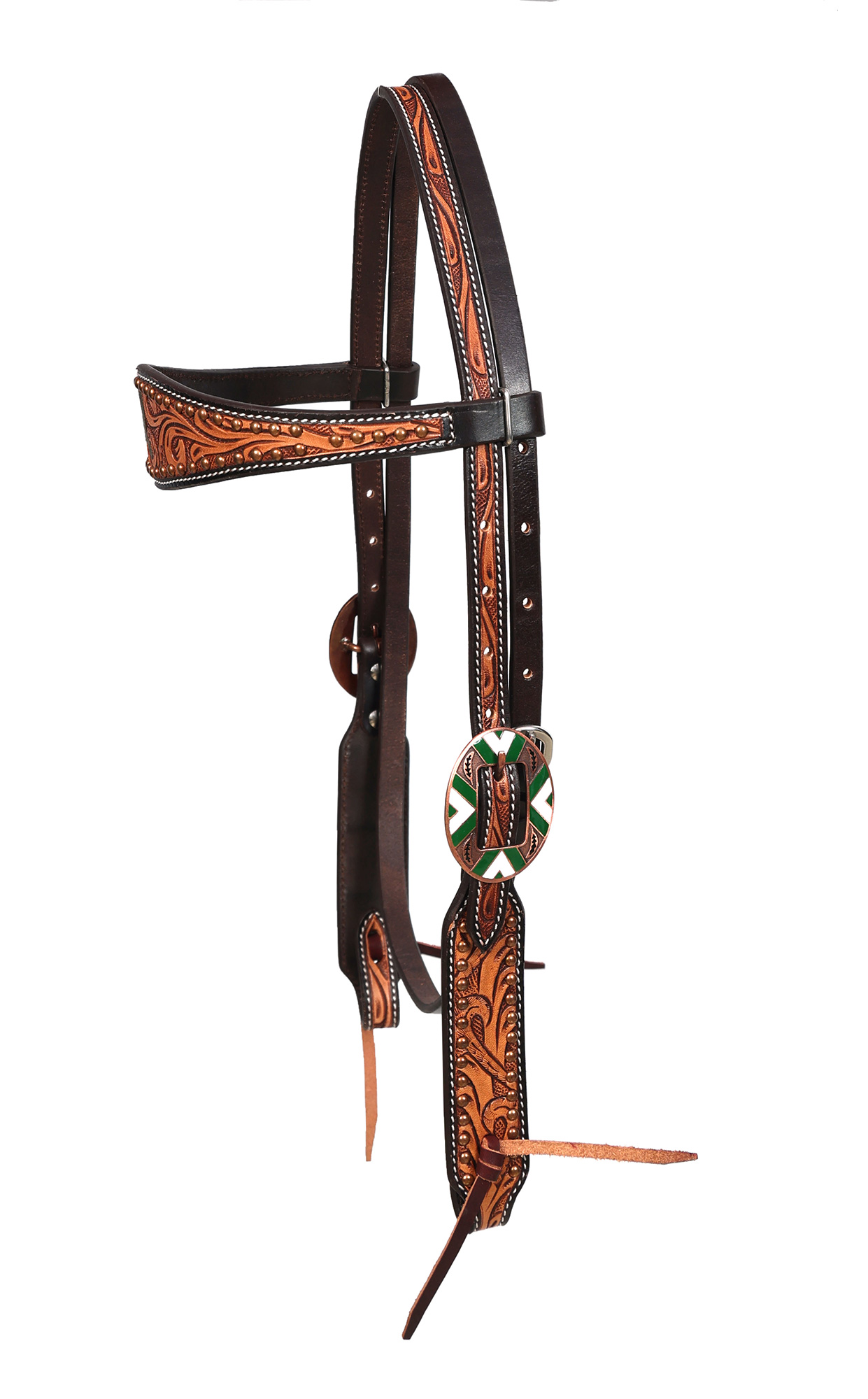 Black Hoof | Cactus Floral Tooled  American  Leather Straight Browband  Headstall with Copper Spots|Green and White enameled Arrow Buckle| Barrel Racing