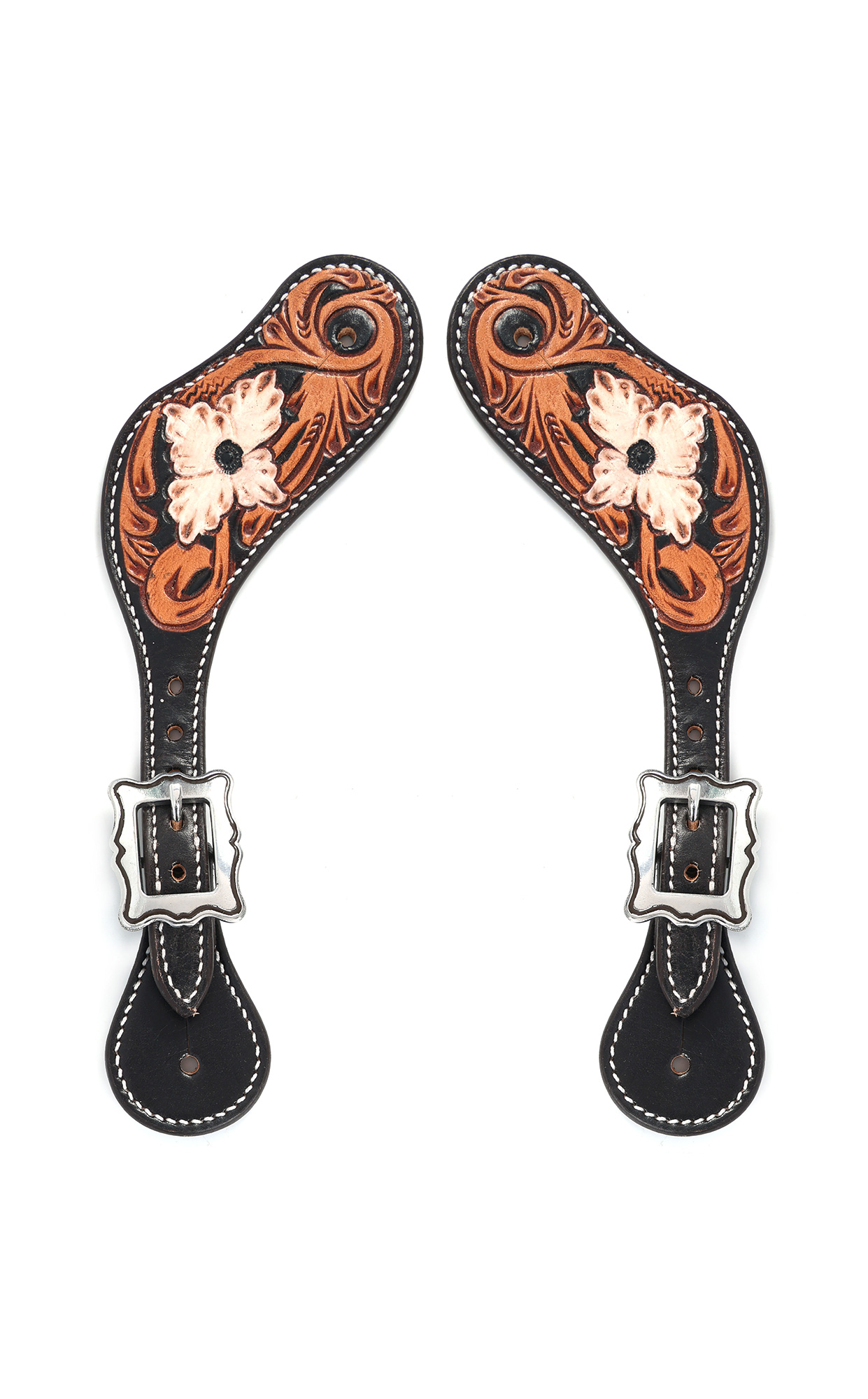 BLACK HOOF White Floral Tooled And Painted Leather Spur Straps For Horse Riders | Adjustable Single Ply Spurs for Men, Women | Western Equestrian Accessories | Stylish Leather Straps for Men, Women | Ideal Spurs for Cowboy Boots |Engraved  Stainless Steel Buckles